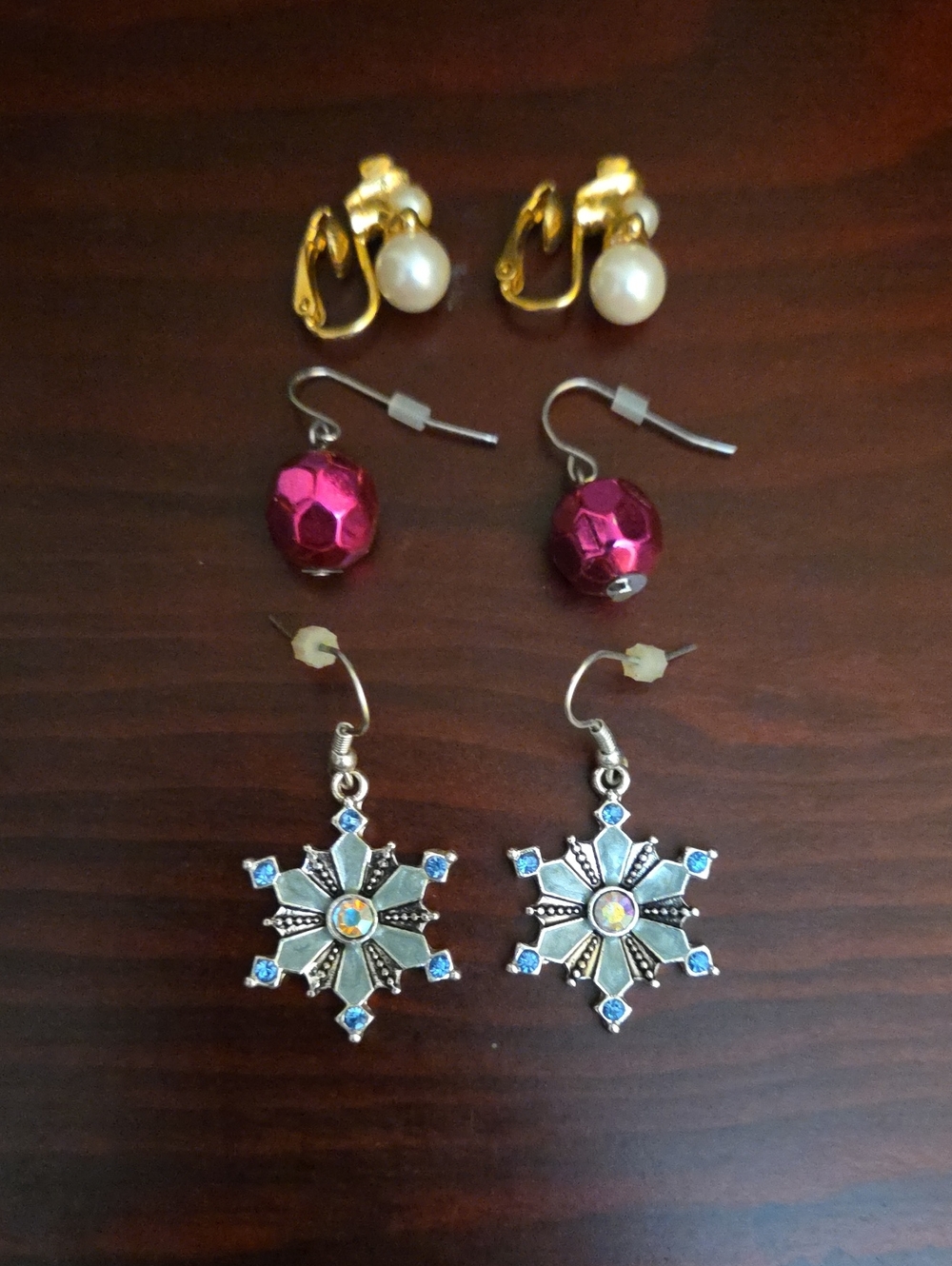 Holiday Earring Set — Snowman Clips, Pink Ornament & Snowflake Dangles